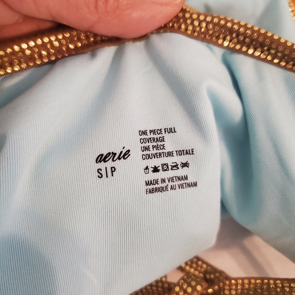 Aerie One Piece Swimsuit Orange Striped Strappy Back Full Coverage Size Small View 6